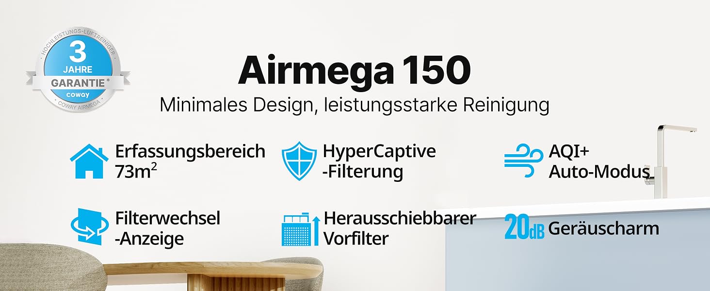 Очищувач повітря Coway AIRMEGA 150 для дому та спальні, зелений — HEPA-фільтр від алергенів, шерсті тварин та пилку, CADR 281 м³/год, нічний режим 20 дБ