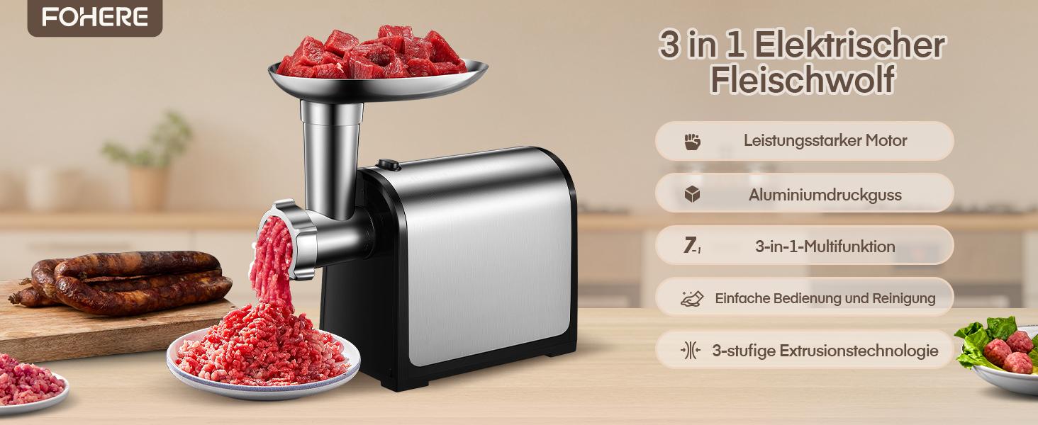 Електрична м'ясоподрібнювач Fleischwolf 3 в 1 з набором для ковбаси та 3-ма лезами з нержавіючої сталі
