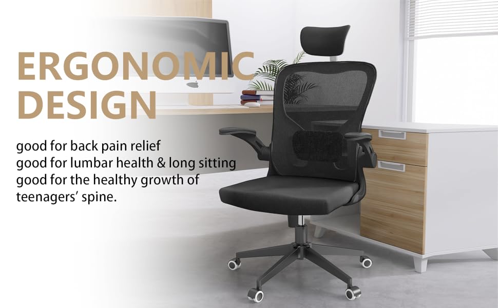 Офісний крісло Monhey з регулюванням висоти, поворотне, з відкидними підлокітниками, дихаюча сітка, регульована підголовник та інтелектуальна підтримка попереку – для дому та офісу (чорний)