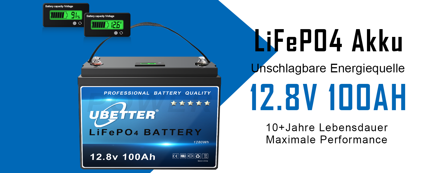 Акумулятор UBETTER Mini 12V 100Ah LiFePO4 зі 100А BMS, 1280 Втгод, 4000 циклів, 10 років терміну служби, легкий і компактний