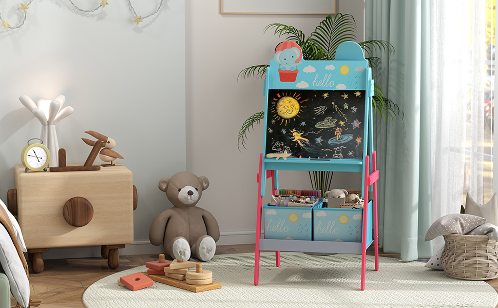 Дитяча мольберт-дошка AIYAPLAY 2 в 1 з двома ящиками для мольбертів та малюнком тварин