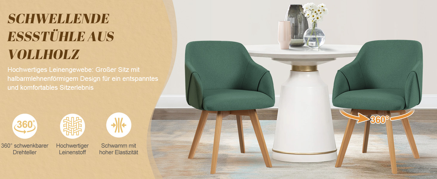 Обідні стільці Bekrvio 2 шт. з обертанням та підлокітниками – 360° стільці для обідньої кімнати, стільці до обіднього столу з тканини льон, дерев'яні ніжки з масиву бука, м'які жовті стільці для обідньої кімнати (2 шт., зелений льон)