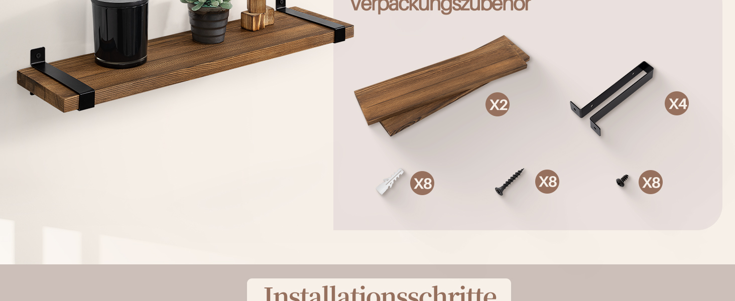 Полиця настінна Gronda Holz 3 шт. коричнева 60x15x2 см – без свердління для кухні, ванної, вітальні, книжок, в стилі вінтаж
