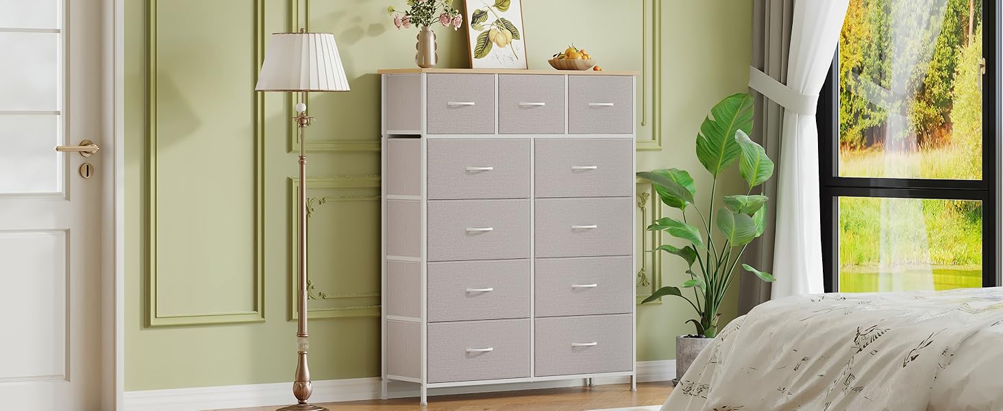 Тумбочка Somdot з висувними ящиками, тканинна тумбочка, тумбочка для спальні, вітальні, коридору, шафа з ящиками, 5 тканинних ящиків, білий колір, штучна шкіра (сірий, 30T x 100B x 118.5H см (11 ящиків))