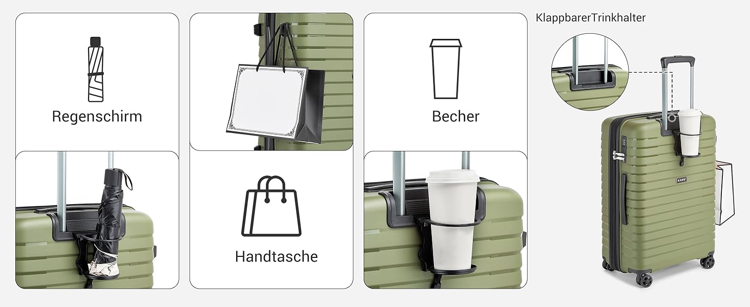 Чемодан KONO середнього розміру з жорсткою обшивкою, PP, з 4 колесами, розширюваний, легкий, з тримачем для напоїв та TSA замком (Зелений, L)