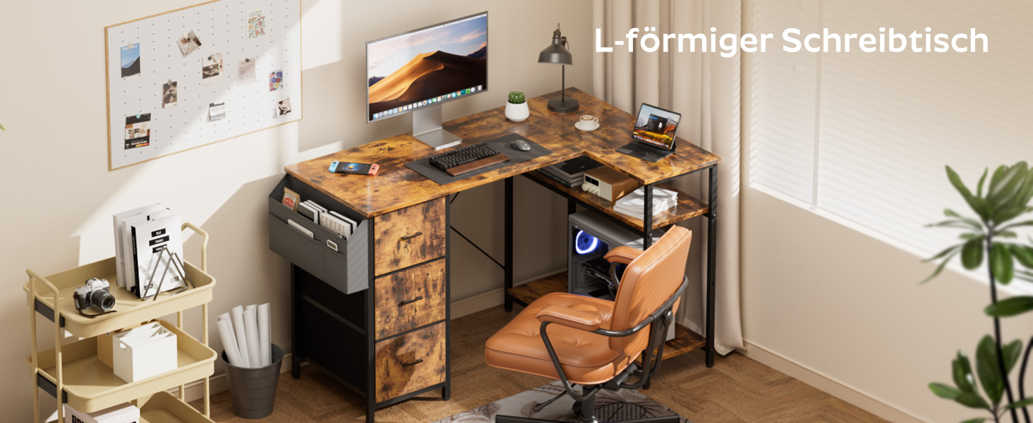 Комп'ютерний стіл HLONONE L-подібний з 3 висувними ящиками для тканини, з полицями та бічною кишенею, для офісу, геймінгу та дому, білий (140 x 80 см, коричневий)