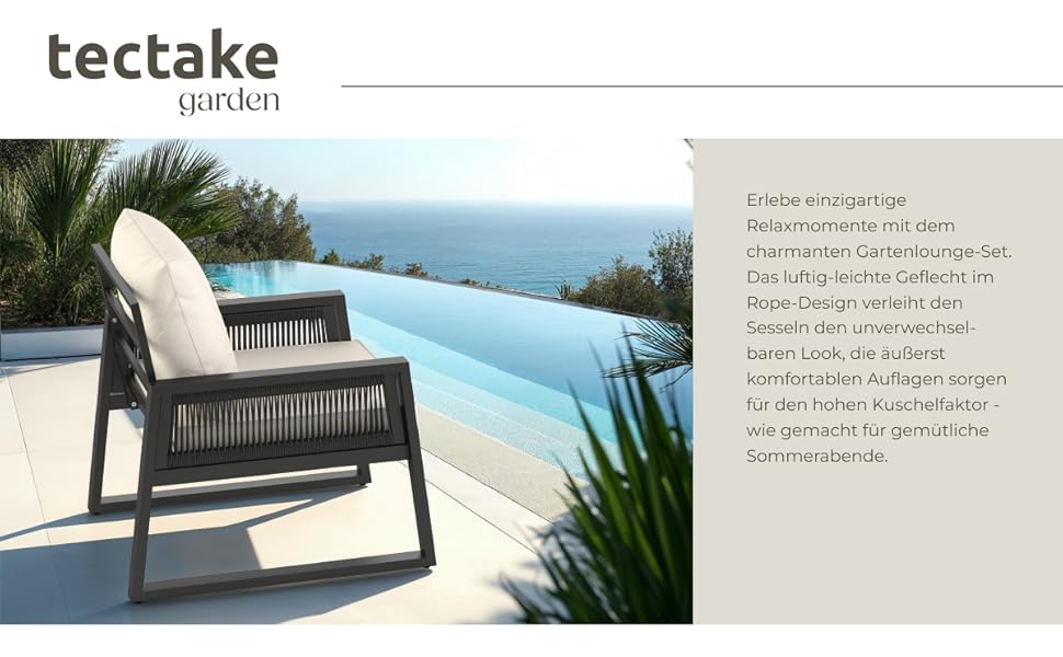Набір садово-розкладних меблів tectake® Rope Design: 2 крісла, диван, стіл, подушки, для саду/балкону, 4 посадочні місця, вологостійкий, стиль 3