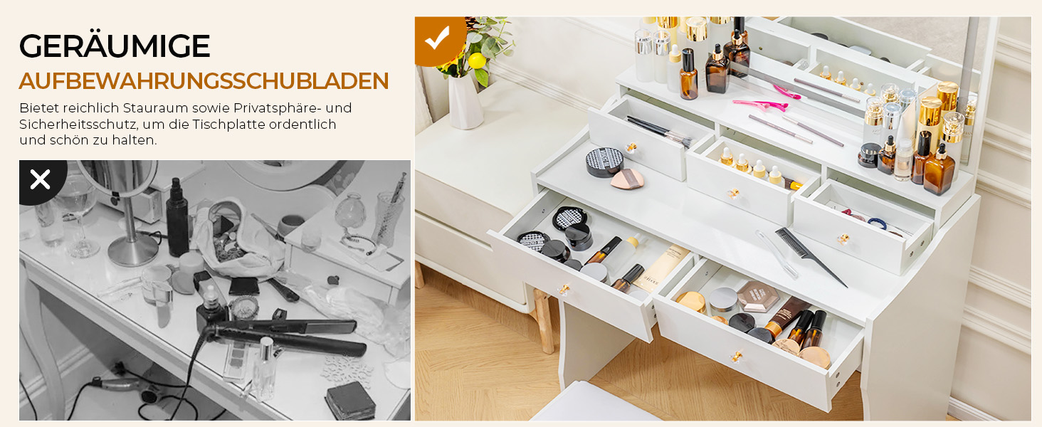 Трюмо COMHOMA з підсвічуванням, дзеркалом та прихованою LED-смугою, зі стільцем та 5 висувними ящиками, з розеткою, 3 колірні температури та регульована яскравість, білий