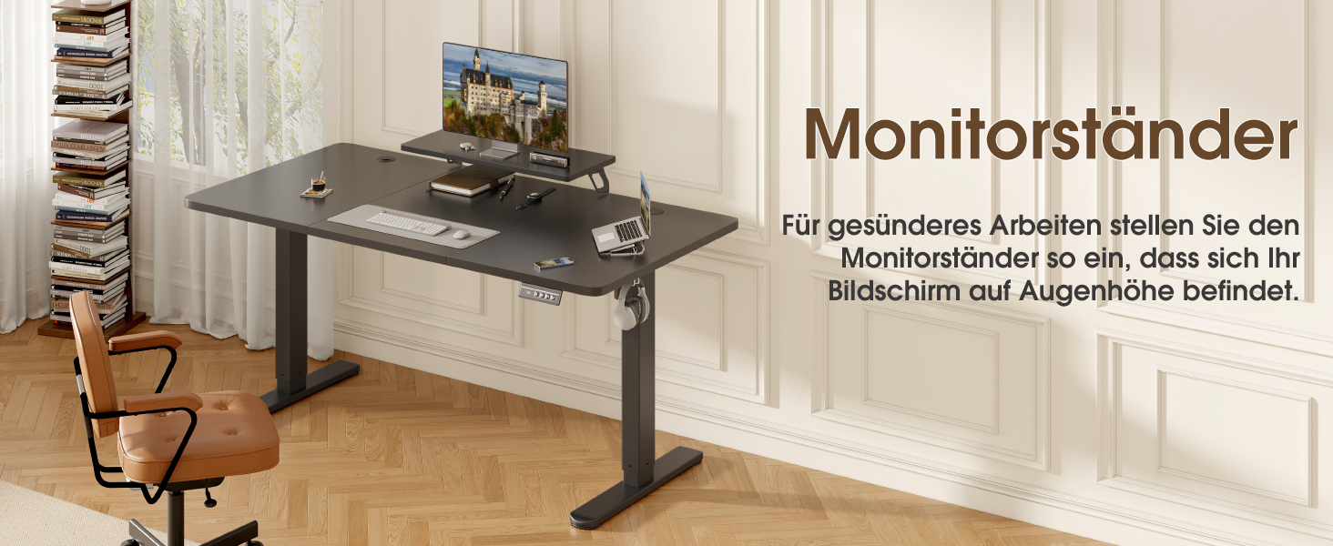 Електричний столик Devoko 160x70 см з регулюванням висоти, з підставкою для монітора, комп'ютерний, 2 функції пам'яті, вінтажний коричневий