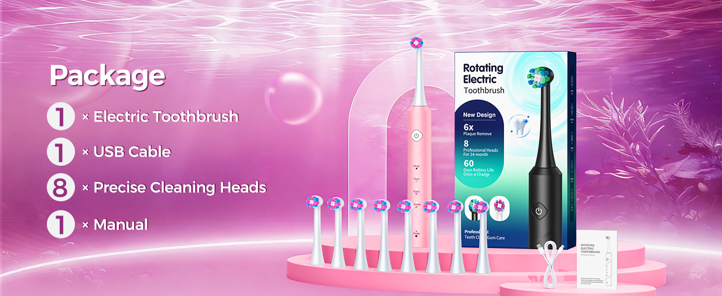 Електрична зубна щітка для дорослих Rotierende з 8 насадками, 4 режимами чищення, акумулятором на 60 днів та розумним таймером 2 хв - Професійна електрична щітка (Рожева)