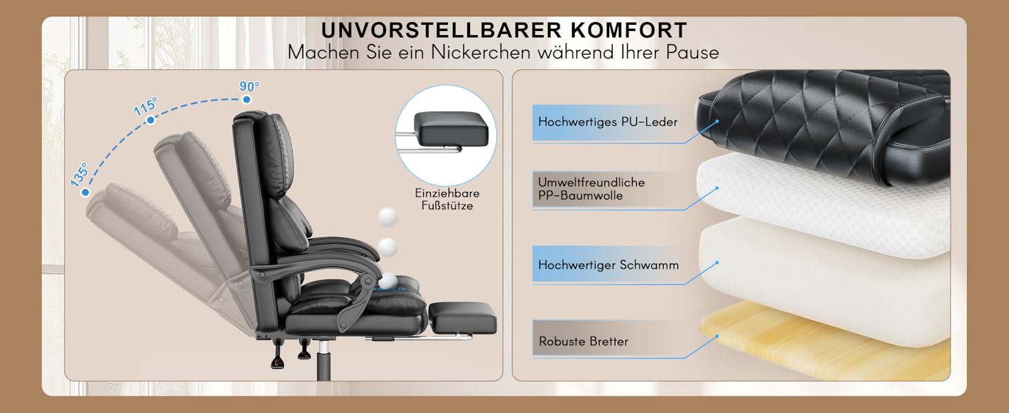 Офісний крісло-шезлонг для кухні від NaspaLuro з підніжкою, чорного кольору. Ергономічний комп'ютерний стілець з PU шкіри, м'якими підлокітниками та регульованою спинкою. Регульована висота, поворотний механізм. Без підігріву.