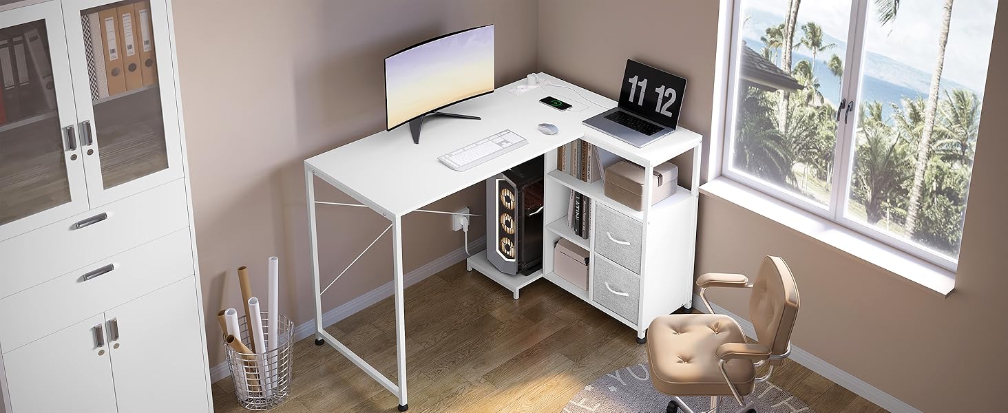 Кутовий стіл WOLTU білий з USB-роз'ємами (A/C) 120x80x75 см - стіл для комп'ютера з полицею та підключенням до електромережі, металевий каркас