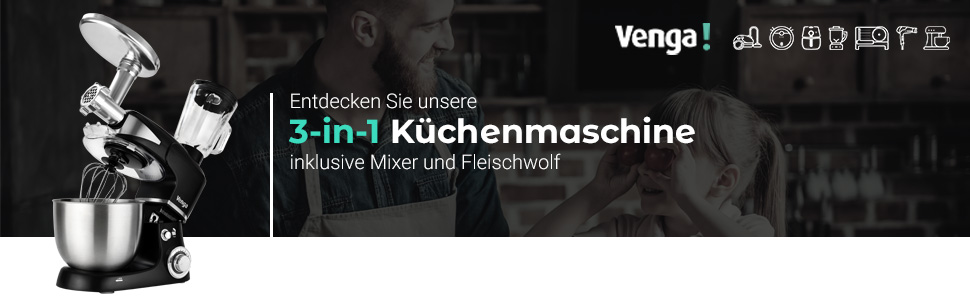 Кухонна машина Venga VG M 3014 з чашею 5 л з нержавіючої сталі, 1000 Вт, 4 насадки, рецепти, чорний колір