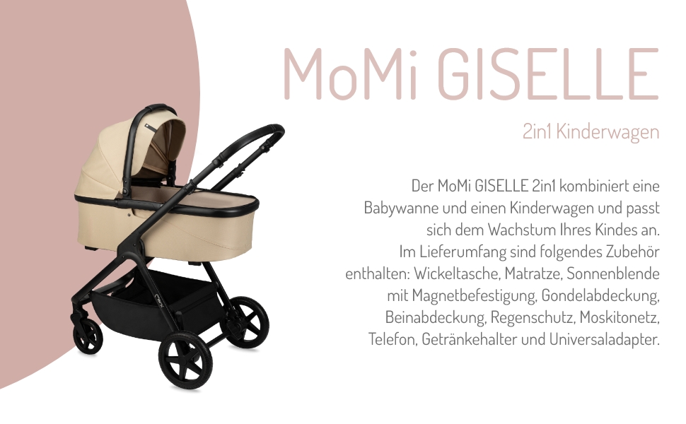 Дитяча коляска MoMi GISELLE 2 в 1 комбінована, сіра, з функцією візка, 5-точкова система безпеки, від народження до 22 кг, з корзиною для покупок, матрацом, дощовиком та пеленатором