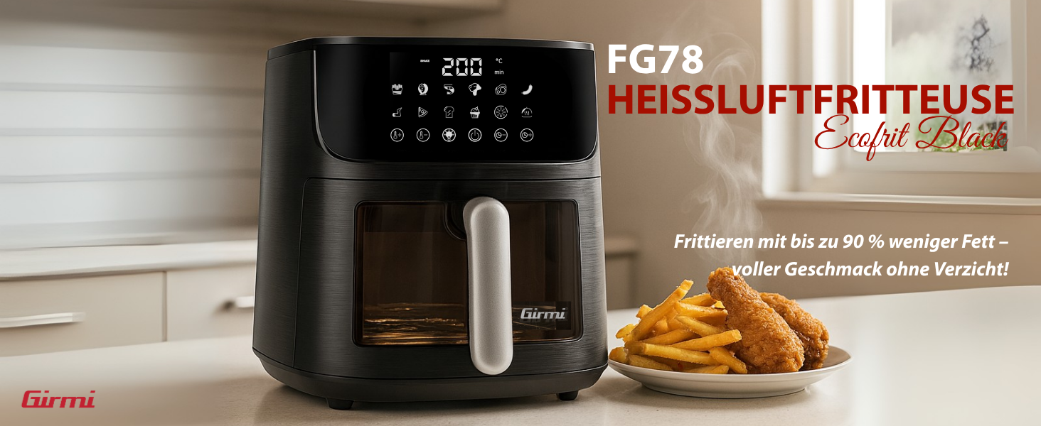 Аерофритюрниця Girmi FG26 Ecofrit Bis з двома зонами приготування, 9 л, 2400 Вт, цифровий дисплей, антипригарне покриття, BPA/PFOA Safe, чорний/сріблястий