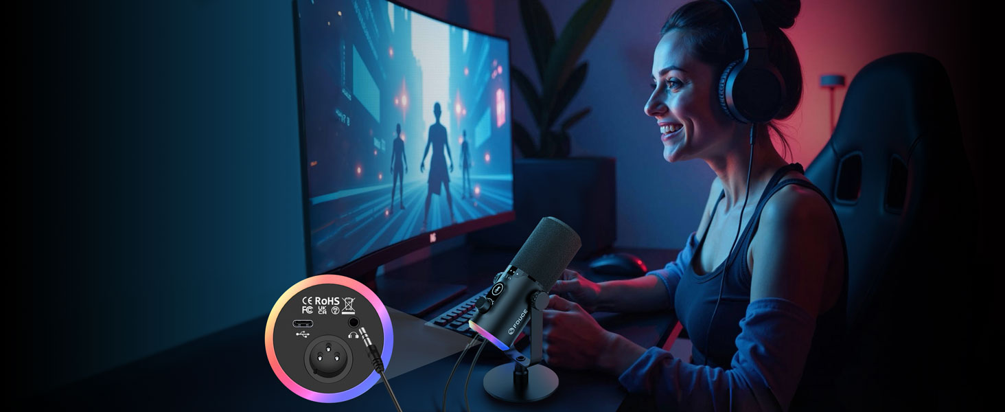 Ігровий мікрофон FDUCE з USB/XLR, RGB-підсвічуванням, для стрімінгу, запису подкастів та ігор, з регулятором гучності та навушниками, з кріпленням-павуком (D30)