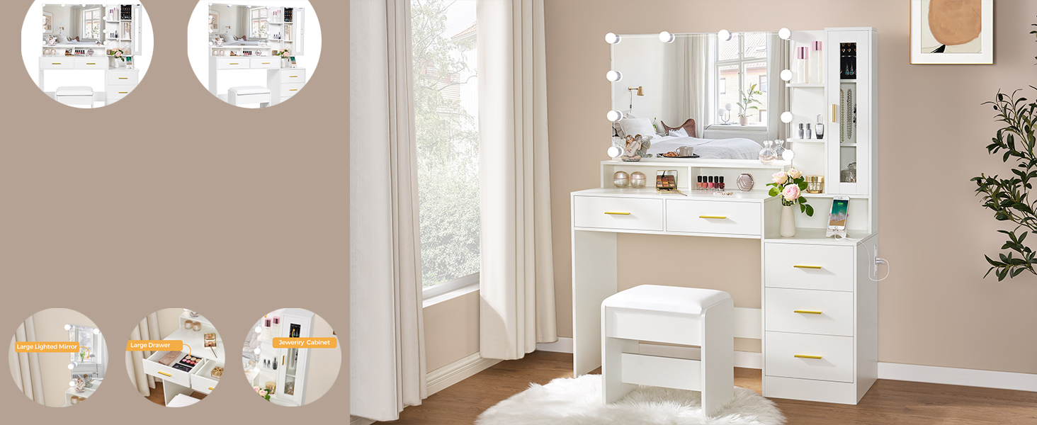 Великий туалетний столик ANWBROAD з LED-підсвічуванням (3 кольори) та розетками, білий, з дзеркалом та пуфом, 5 ящиків, скляні дверцята, 140x115x40 см, BDT68W