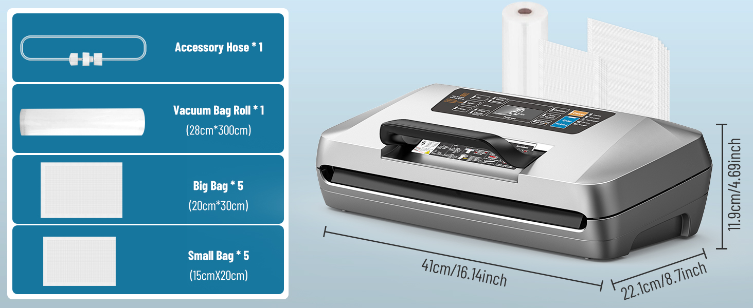 Професійний вакууматор для продуктів 12-в-1, 95кПа, з функцією безперервного вакуумування та подвійним швом, сріблястий (комплект: 1 рулон та 10 пакетів)