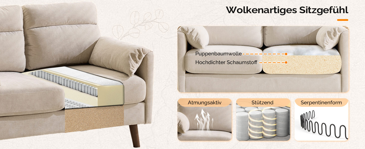 Диван Bonnlo 2-місний, компактний, 125 см, тканинний, бежевий. Зручні підлокітники, для офісу, вітальні, спальні, кабінету. Легка збірка. Льон.