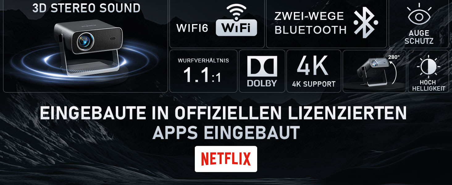 XuanPad Проектор 1080P з WiFi, Bluetooth та AI-автофокусом, 30000 люмен, поворотний на 210°, автоматична корекція Keystone, захист від пилу та система охолодження, сертифікований Netflix