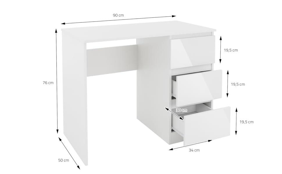 Письмовий стіл ML-Design з 3 шухлядами, 90x76x50 см, з великим простором для зберігання, сучасний, робочий стіл Офісний стіл Комп'ютерний стіл Офісні меблі Дитячий стіл Стіл для ноутбука Стіл для ПК для дому/офісу (білий, фасади шухляд глянцеві)