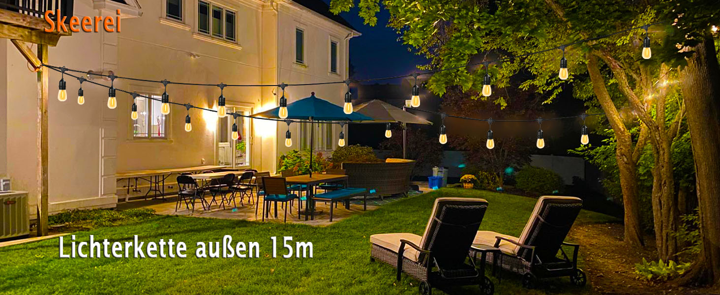 LED гірлянда 15 метрів для саду та тераси, водонепроникна IP65, 15+1 лампочки E27, тепле світло 2700K, для вечірок та свят [Енергоклас G]