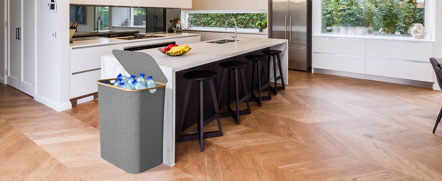 Кошик для білизни з кришкою, вузький, з бамбуковими ручками та внутрішньою кишенею, складаний, портативний, 148л, темно-сірий