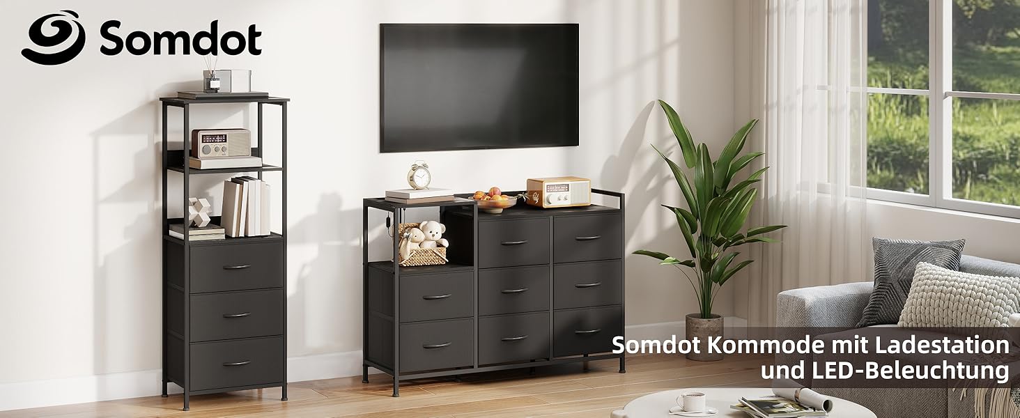 Комод Somdot з висувними ящиками для спальні, вітальні, передпокою з LED-підсвічуванням та розетками (2 AC, 1 USB, 1 Type-C), 5 тканинних ящиків, білий, 29T x 66,5B x 70,5H cm (Чорний, 29T x 99B x 70.5H cm (8 ящиків))