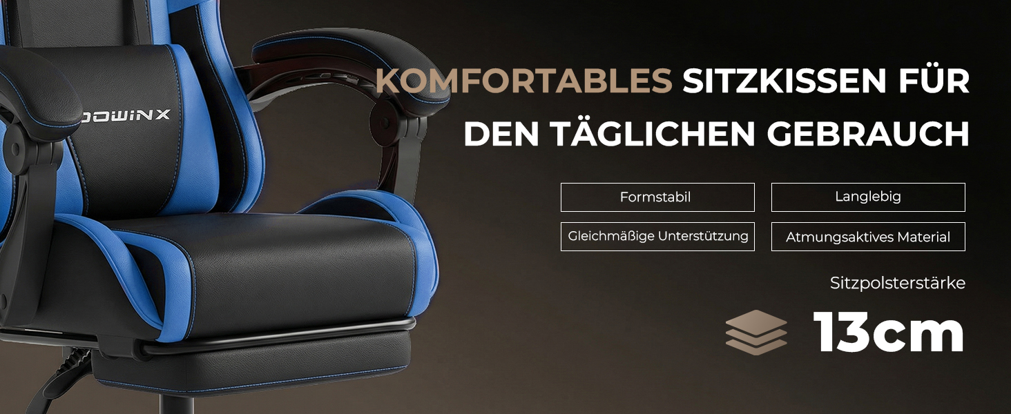 Ігрове крісло Dowinx Ergonomic Gaming Chair з підножкою, синій колір, витримує до 150 кг, регульовані підлокітники, ергономічний стілець для ПК та офісу