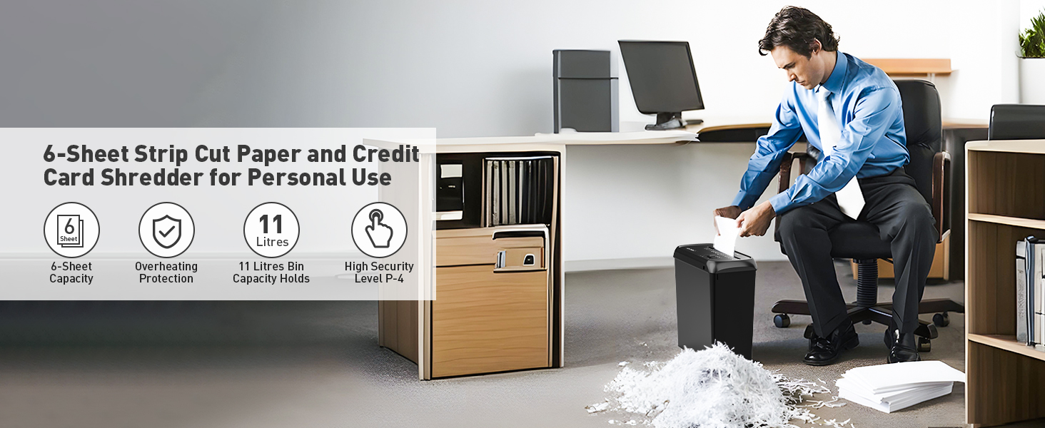 Шредер SINCHEREU 6 листів, перехресний різання, рівень безпеки P4, з кошиком 11л, для документів, кредитних карт, CD, з захистом від перегріву, для дому та офісу