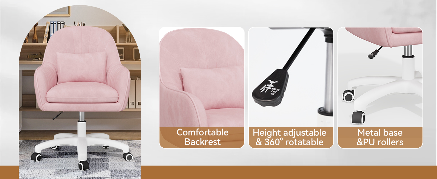 Крісло Aivermeil для дому та офісу, оксамитове, з підголівником, поворотне, регульоване по висоті, ергономічне, для робочого кабінету, спальні, до 120 кг (Рожеве)