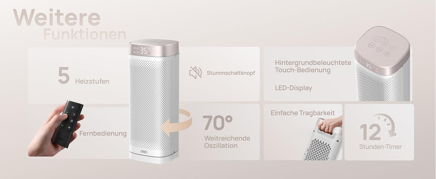 Електричний обігрівач Dreo 16 дюймів з термостатом, 70° обертання, дистанційне керування, захист від перекидання та перегріву, тихий керамічний вентилятор для дому