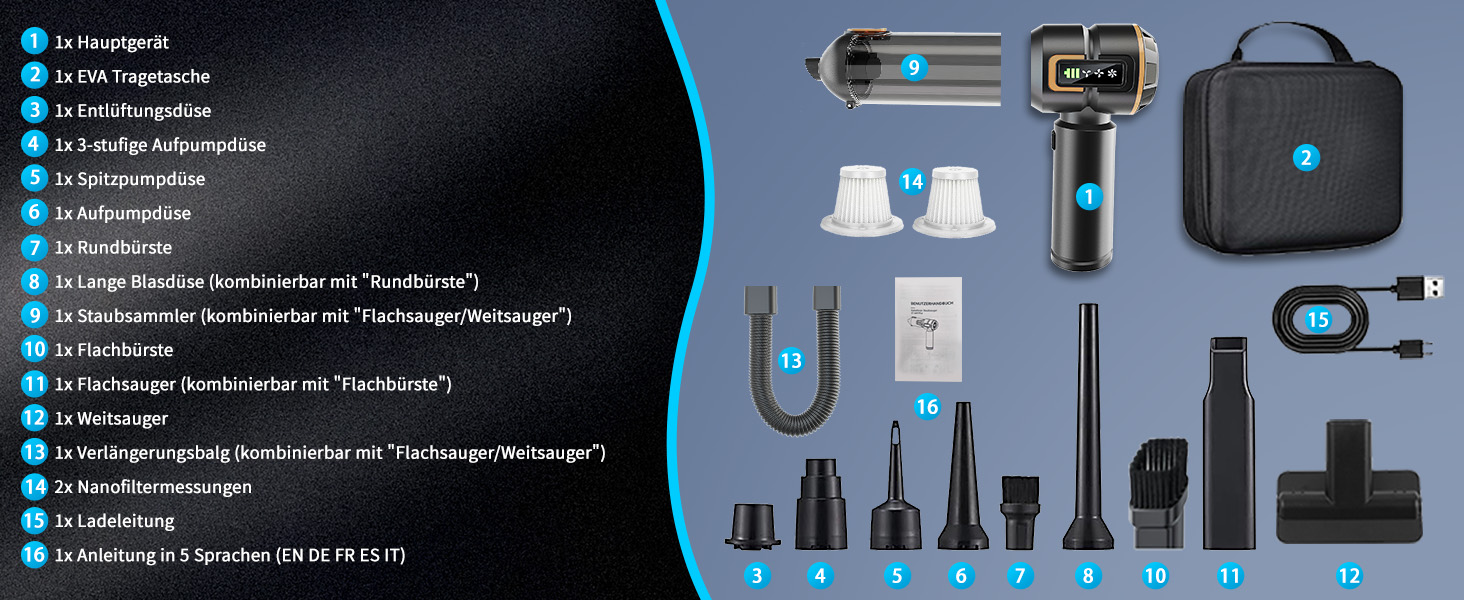 Акумуляторний ручний пилосмок для авто та дому 23000Па, міні-пилосмок з функцією продувки та насоса, 6000mAh, чорно-золотий