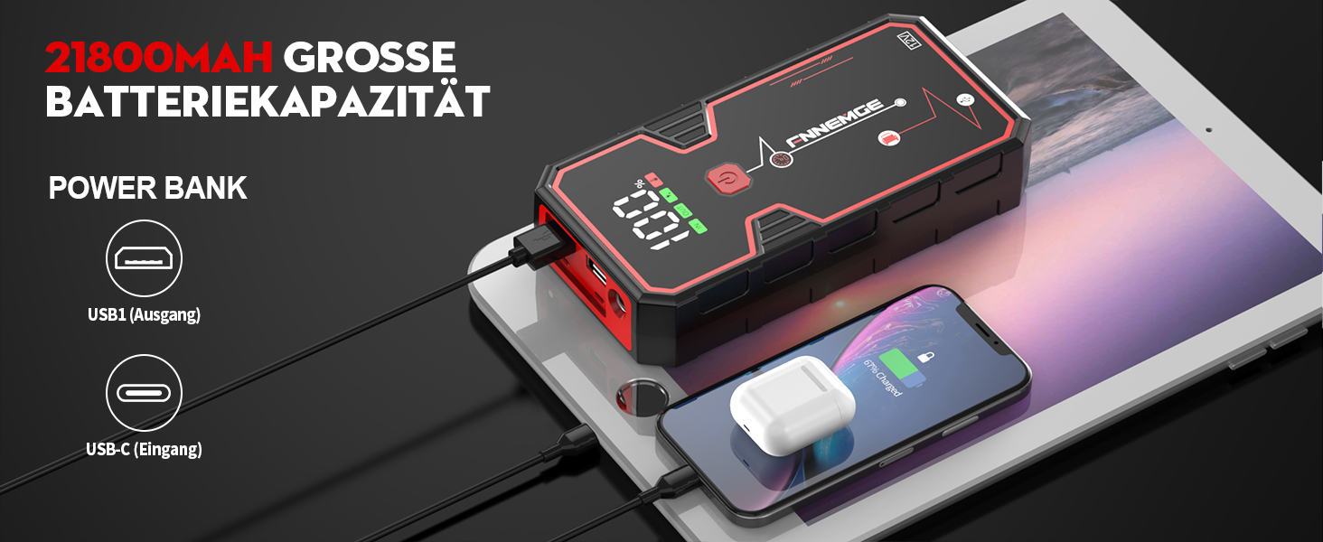 Бустер автозапуску FNNEMGE 9000A 26800mAh для бензинових та дизельних двигунів до 10.0L, пусковий пристрій Powerbank 12V з Quick Charge 3.0 та LED-ліхтарем