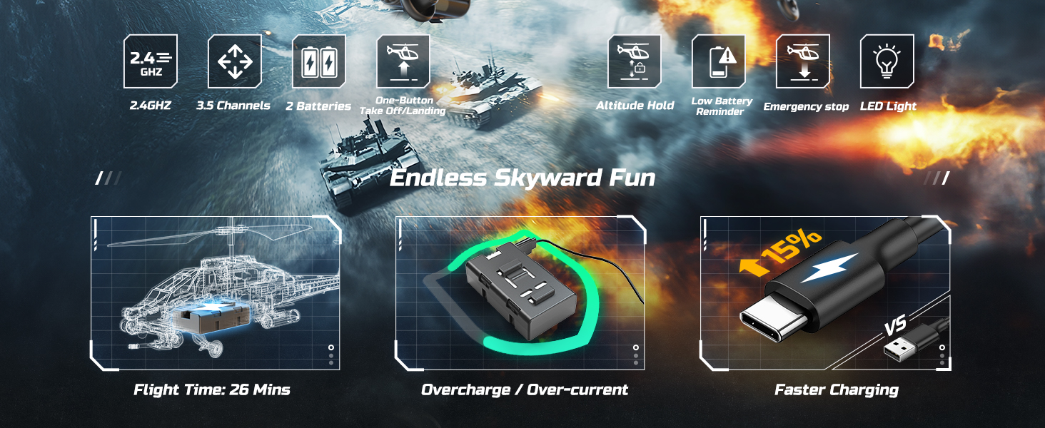 Радіокерований вертоліт DEERC Apache 2.4GHz, 2 акумулятори, 26 хв польоту, LED, стабілізація висоти, автоматичний зліт, чорний – ідеальний подарунок для хлопчиків