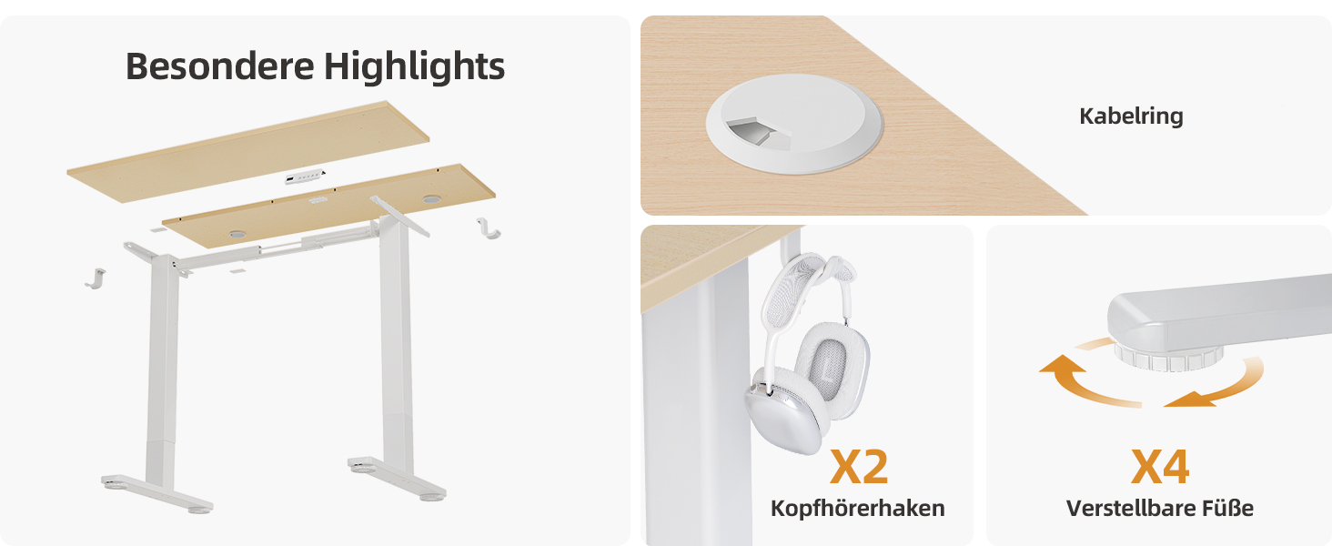 Електричний стіл Claiks з регулюванням висоти 120x60 см, з 3 функціями пам'яті, 2 гачками, бежевий