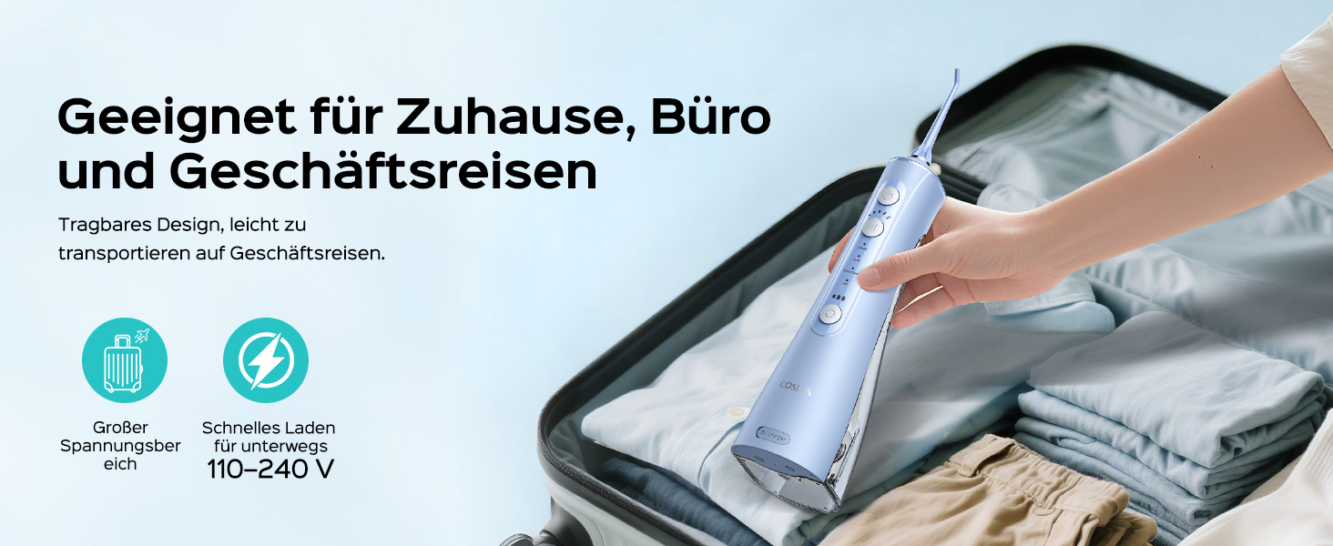 COSLUS Душова насадка електрична бездротова, Testsieger 2026: 20 рівнів тиску води, IPX7 водонепроникність, точна технологія Anti-Splash, 4 режими для здоров'я ротової порожнини, для щоденного використання та подорожей, 5 інтенсивностей (блакитний)