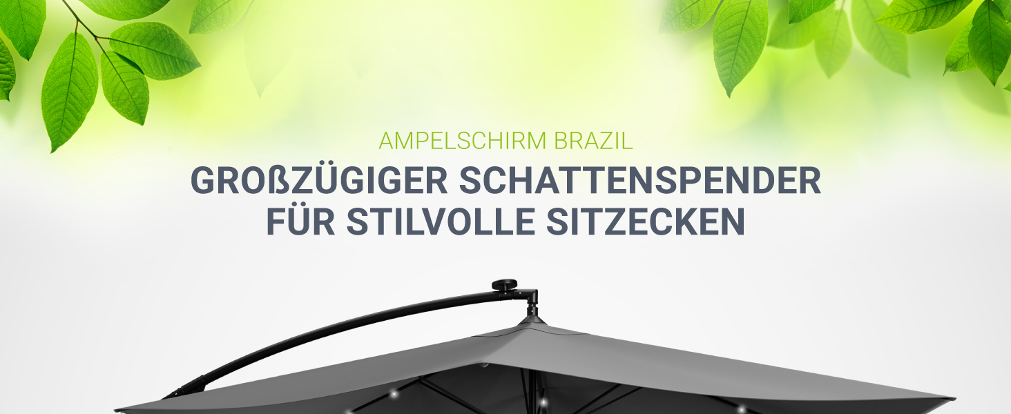 Парасолька від сонця Juskys Brazil 350 см з LED-підсвіткою, сонячною панеллю та ручкою, водовідштовхуюча, з UV-захистом, колір крем/сірий