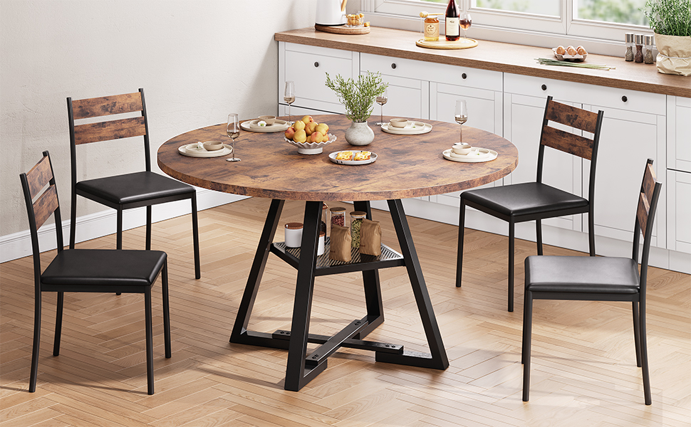 Круглий обідній стіл на 2-4 особи з поличкою, дерев'яний кухонний стіл в індустріальному стилі (Vintage Braun, 107x107x76 см)