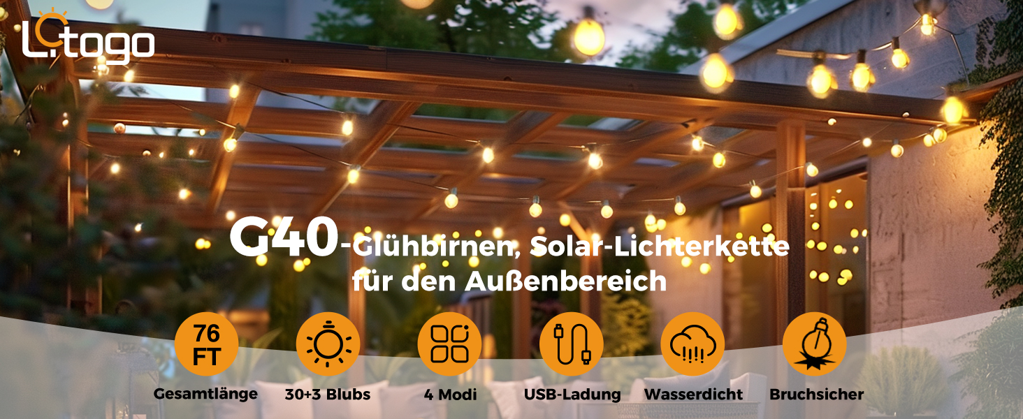 Вуличні сонячні ліхтарі litogo, 16 світлодіодів G40, стійкі до погодних умов, 4 режими, 23 м USB, теплий білий для саду та декору