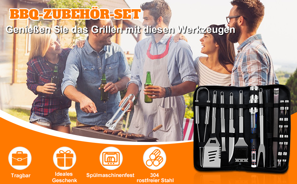 Набір гриля з нержавіючої сталі на 28 предметів з кейсом - аксесуари для гриля, кемпінгу, подарунок для чоловіків