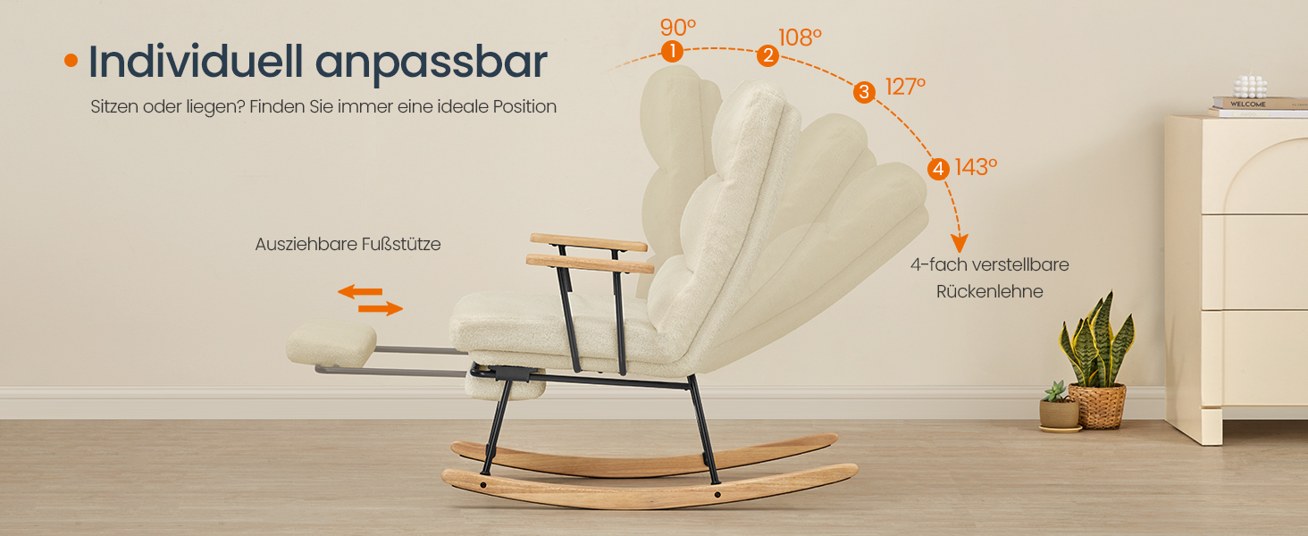 Крісло-гойдалка SONGMICS HOME з дерева каучука, флісова оббивка, регульована спинка, до 160 кг, для спальні/вітальні, камелеон-колір