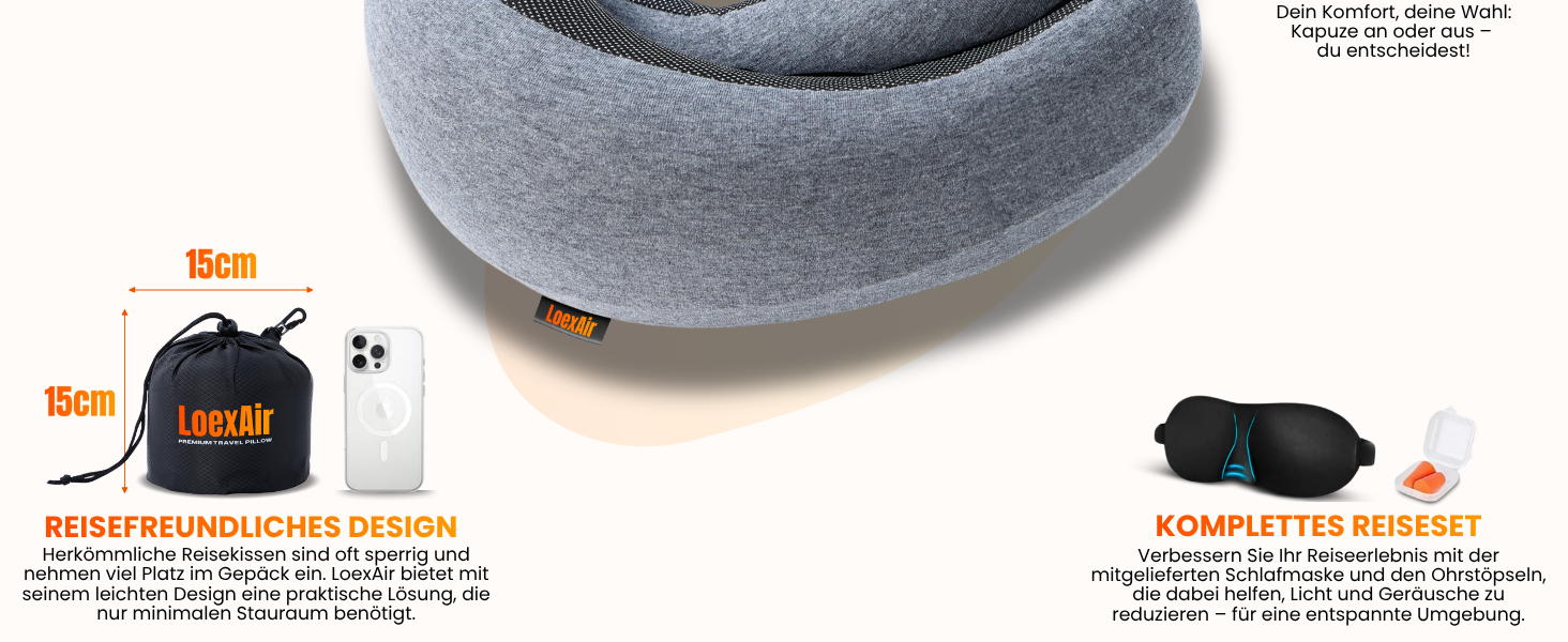 Подорожня подушка для шиї з капюшоном з ефектом пам'яті (Memory Foam) для літака, авто та поїздок, 100% бавовна, світло-сіра (Hooded Pro)