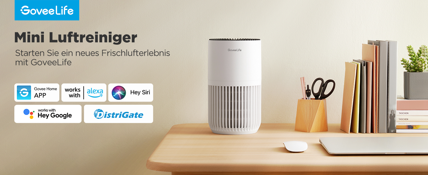 Повітряочисник GoveeLife Mini для спальні з HEPA-фільтром, керування через додаток Alexa, проти шерсті тварин, запахів, пилку, диму. Портативний очисник повітря з 3 швидкостями, 2 режимами, таймером та аромадифузором
