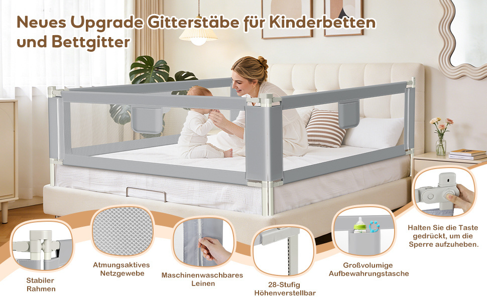Захисний бортик для ліжка дитячий Ikodm 2x200 см + 1x180 см, регульована висота 64-96 см, сірий