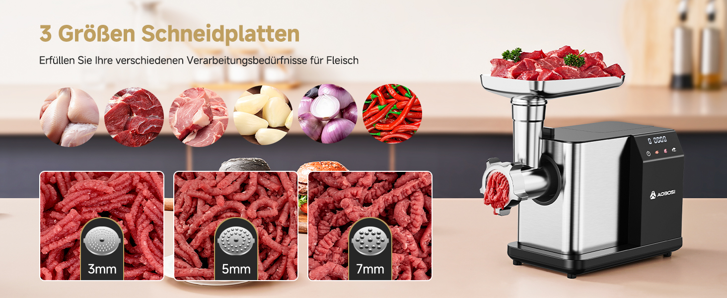 Електрична м'ясоподрібнювач AAOBOSI 3000W з LED-дисплеєм, 9 швидкостей, з нержавіючої сталі, для дому, з насадкою для ковбас та кіббе
