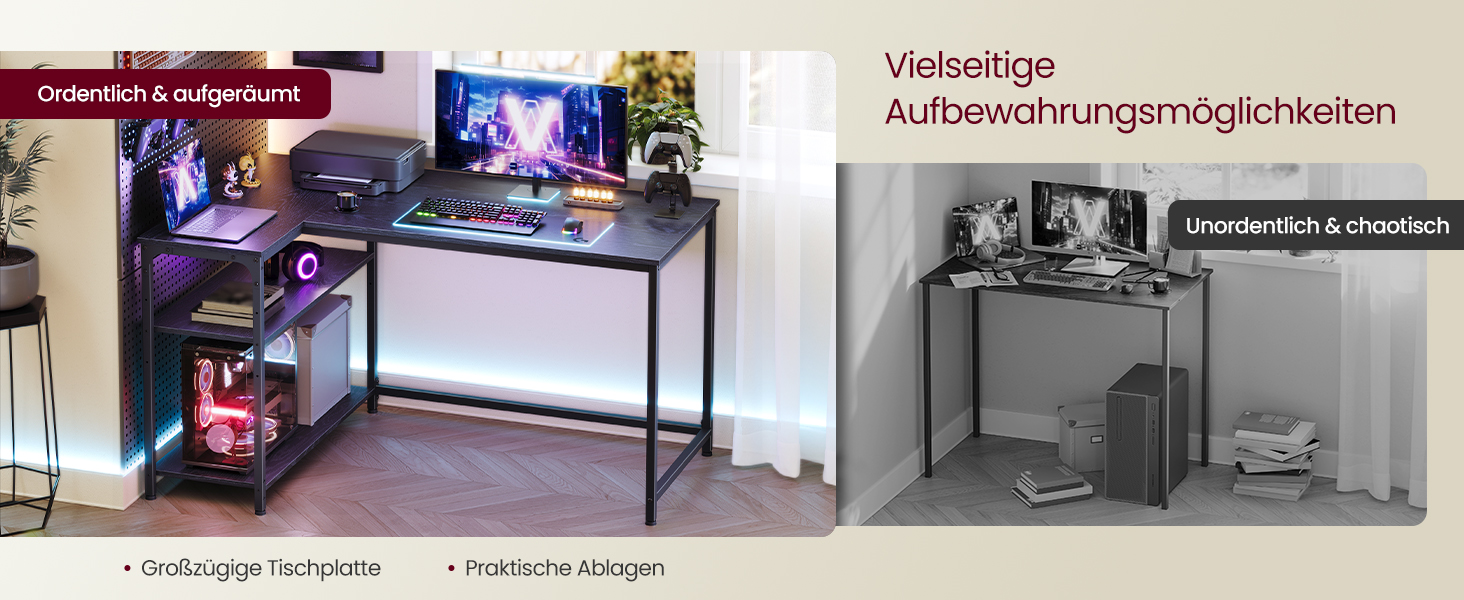 Кутовий стіл VASAGLE L-подібний з полицею, комп'ютерний стіл з місцем для зберігання, офісний стіл для дому, 120 x 80 см, Чорний горіх