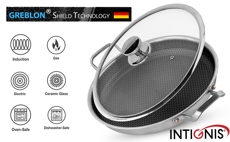 INTIGNIS® Сковорода з кришкою – 30 см (12 дюймів) – 6 л – з антипригарним покриттям | Стійка до подряпин | Глибока | Без хімікатів | Сковорода з нержавіючої сталі