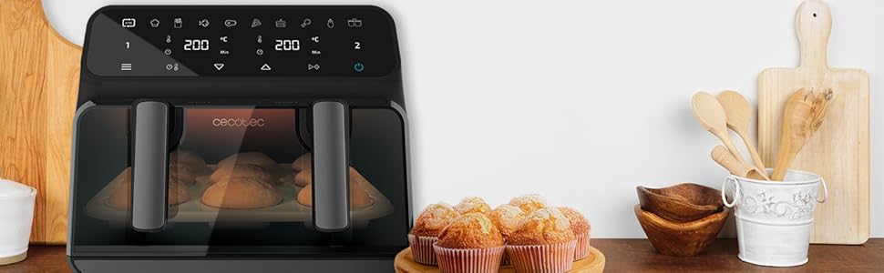 Аерофритюрниця Cecotec Cecofry Advance 9000 Window з подвійним кошиком 9л (2x4.5л), 2200 Вт, вікном та підсвіткою, 8 програм, чорна