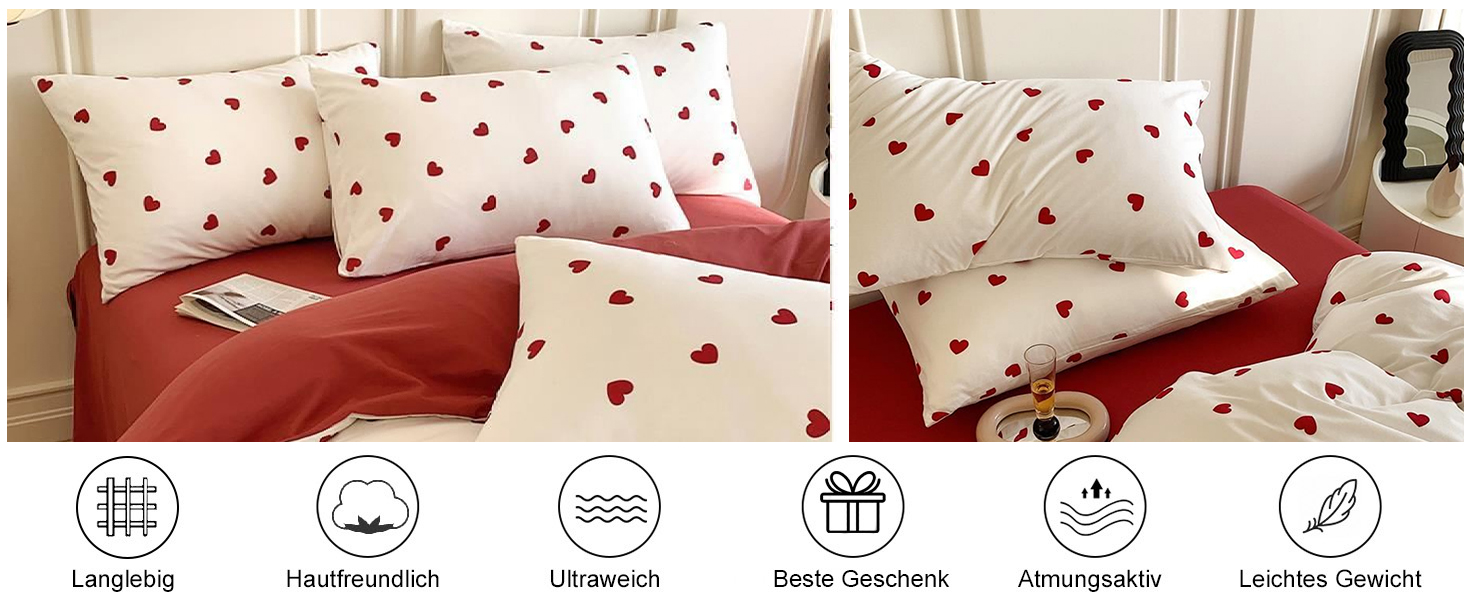 Комплект постільної білизни Freyamy з принтом серця, 3 предмети, 220x240 см, біло-червоний